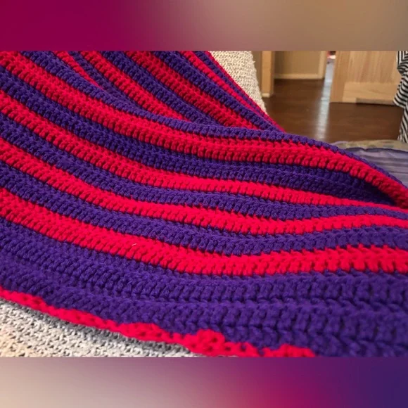 Vintage 1990s Handmade Crochet Blanket Red Purple Stripe 85”x42” - Picture 4 of 5